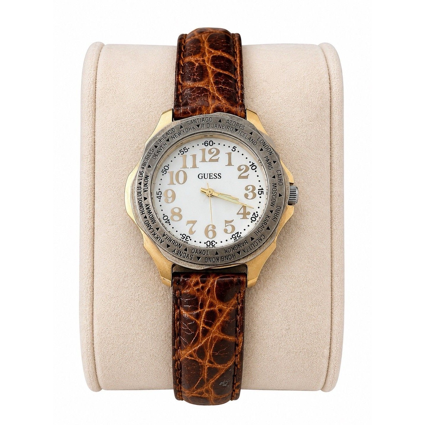 Vintage 1992 Guess World Time Watch Gold Tone White Dial Leather Quartz Runs — image 3 of 8